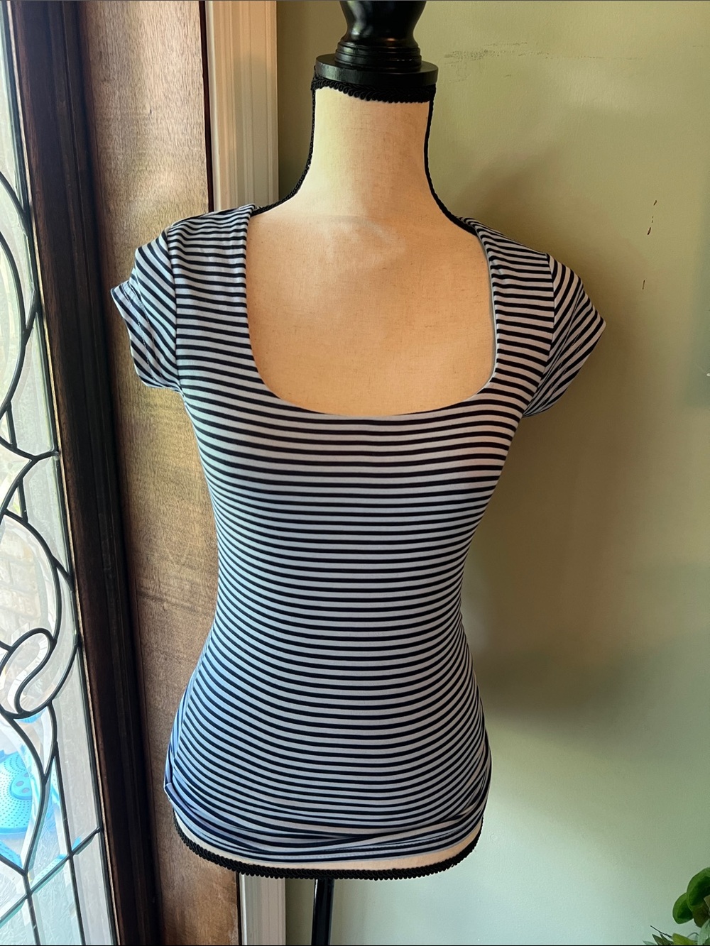 Faded Rose Striped Square-Neck Short Sleeve Top